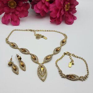 Vtg. Christina Collection Gold Tone Crystal Necklace Bracelet And Earrings Set